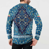 Iranian Mosaic Art Pattern Button Sweatshirt with Persian Calligraphy and Flag Accents