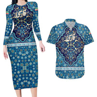 Iranian Mosaic Art Pattern Couples Matching Long Sleeve Bodycon Dress and Hawaiian Shirt with Persian Calligraphy and Flag Accents