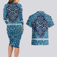 Iranian Mosaic Art Pattern Couples Matching Long Sleeve Bodycon Dress and Hawaiian Shirt with Persian Calligraphy and Flag Accents