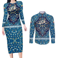 Iranian Mosaic Art Pattern Couples Matching Long Sleeve Bodycon Dress and Long Sleeve Button Shirt with Persian Calligraphy and Flag Accents