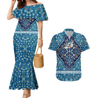 Iranian Mosaic Art Pattern Couples Matching Mermaid Dress and Hawaiian Shirt with Persian Calligraphy and Flag Accents