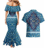 Iranian Mosaic Art Pattern Couples Matching Mermaid Dress and Hawaiian Shirt with Persian Calligraphy and Flag Accents