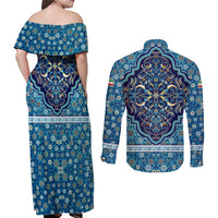 Iranian Mosaic Art Pattern Couples Matching Off Shoulder Maxi Dress and Long Sleeve Button Shirt with Persian Calligraphy and Flag Accents