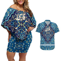 Iranian Mosaic Art Pattern Couples Matching Off Shoulder Short Dress and Hawaiian Shirt with Persian Calligraphy and Flag Accents