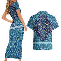 Iranian Mosaic Art Pattern Couples Matching Short Sleeve Bodycon Dress and Hawaiian Shirt with Persian Calligraphy and Flag Accents