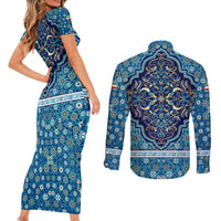 Iranian Mosaic Art Pattern Couples Matching Short Sleeve Bodycon Dress and Long Sleeve Button Shirt with Persian Calligraphy and Flag Accents