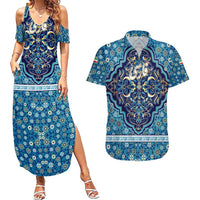 Iranian Mosaic Art Pattern Couples Matching Summer Maxi Dress and Hawaiian Shirt with Persian Calligraphy and Flag Accents