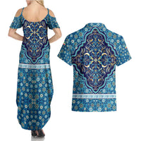 Iranian Mosaic Art Pattern Couples Matching Summer Maxi Dress and Hawaiian Shirt with Persian Calligraphy and Flag Accents