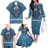 Iranian Mosaic Art Pattern Family Matching Off The Shoulder Long Sleeve Dress and Hawaiian Shirt with Persian Calligraphy and Flag Accents