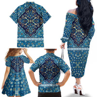 Iranian Mosaic Art Pattern Family Matching Off The Shoulder Long Sleeve Dress and Hawaiian Shirt with Persian Calligraphy and Flag Accents