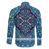 Iranian Mosaic Art Pattern Family Matching Off The Shoulder Long Sleeve Dress and Hawaiian Shirt with Persian Calligraphy and Flag Accents