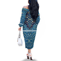 Iranian Mosaic Art Pattern Family Matching Off The Shoulder Long Sleeve Dress and Hawaiian Shirt with Persian Calligraphy and Flag Accents