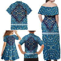 Iranian Mosaic Art Pattern Family Matching Off Shoulder Maxi Dress and Hawaiian Shirt with Persian Calligraphy and Flag Accents