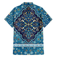 Iranian Mosaic Art Pattern Family Matching Off Shoulder Short Dress and Hawaiian Shirt with Persian Calligraphy and Flag Accents