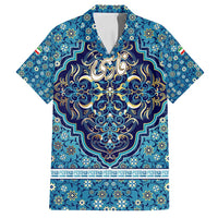 Iranian Mosaic Art Pattern Family Matching Puletasi and Hawaiian Shirt with Persian Calligraphy and Flag Accents