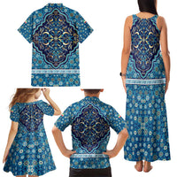 Iranian Mosaic Art Pattern Family Matching Tank Maxi Dress and Hawaiian Shirt with Persian Calligraphy and Flag Accents