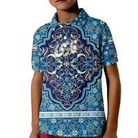 Iranian Mosaic Art Pattern Kid Polo Shirt with Persian Calligraphy and Flag Accents
