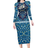 Iranian Mosaic Art Pattern Long Sleeve Bodycon Dress with Persian Calligraphy and Flag Accents