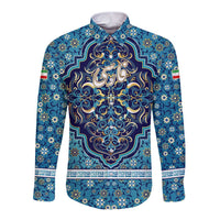 Iranian Mosaic Art Pattern Long Sleeve Button Shirt with Persian Calligraphy and Flag Accents