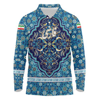 Iranian Mosaic Art Pattern Long Sleeve Polo Shirt with Persian Calligraphy and Flag Accents