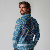 Iranian Mosaic Art Pattern Long Sleeve Polo Shirt with Persian Calligraphy and Flag Accents