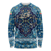 Iranian Mosaic Art Pattern Long Sleeve Shirt with Persian Calligraphy and Flag Accents