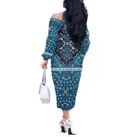 Iranian Mosaic Art Pattern Off The Shoulder Long Sleeve Dress with Persian Calligraphy and Flag Accents