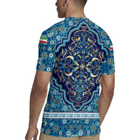 Iranian Mosaic Art Pattern Rugby Jersey with Persian Calligraphy and Flag Accents
