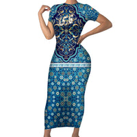 Iranian Mosaic Art Pattern Short Sleeve Bodycon Dress with Persian Calligraphy and Flag Accents