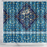 Iranian Mosaic Art Pattern Shower Curtain with Persian Calligraphy and Flag Accents