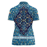 Iranian Mosaic Art Pattern Women Polo Shirt with Persian Calligraphy and Flag Accents