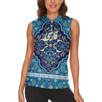 Iranian Mosaic Art Pattern Women Sleeveless Polo Shirt with Persian Calligraphy and Flag Accents