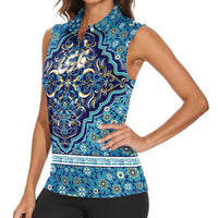 Iranian Mosaic Art Pattern Women Sleeveless Polo Shirt with Persian Calligraphy and Flag Accents