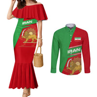 Iran National Heritage Couples Matching Mermaid Dress and Long Sleeve Button Shirt with Lion and Sun Emblem and Royal Coat of Arms