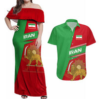 Iran National Heritage Couples Matching Off Shoulder Maxi Dress and Hawaiian Shirt with Lion and Sun Emblem and Royal Coat of Arms