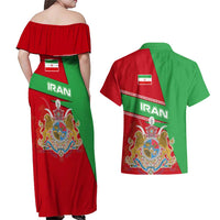Iran National Heritage Couples Matching Off Shoulder Maxi Dress and Hawaiian Shirt with Lion and Sun Emblem and Royal Coat of Arms