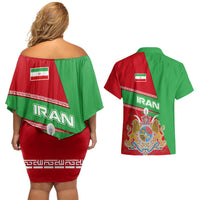 Iran National Heritage Couples Matching Off Shoulder Short Dress and Hawaiian Shirt with Lion and Sun Emblem and Royal Coat of Arms