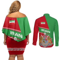 Iran National Heritage Couples Matching Off Shoulder Short Dress and Long Sleeve Button Shirt with Lion and Sun Emblem and Royal Coat of Arms