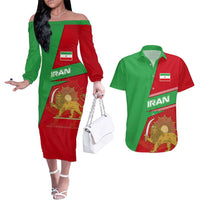 Iran National Heritage Couples Matching Off The Shoulder Long Sleeve Dress and Hawaiian Shirt with Lion and Sun Emblem and Royal Coat of Arms