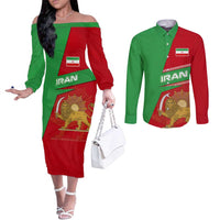 Iran National Heritage Couples Matching Off The Shoulder Long Sleeve Dress and Long Sleeve Button Shirt with Lion and Sun Emblem and Royal Coat of Arms