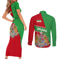 Iran National Heritage Couples Matching Short Sleeve Bodycon Dress and Long Sleeve Button Shirt with Lion and Sun Emblem and Royal Coat of Arms