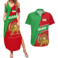Iran National Heritage Couples Matching Summer Maxi Dress and Hawaiian Shirt with Lion and Sun Emblem and Royal Coat of Arms