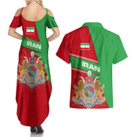 Iran National Heritage Couples Matching Summer Maxi Dress and Hawaiian Shirt with Lion and Sun Emblem and Royal Coat of Arms