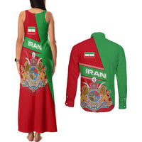 Iran National Heritage Couples Matching Tank Maxi Dress and Long Sleeve Button Shirt with Lion and Sun Emblem and Royal Coat of Arms