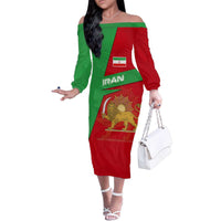 Iran National Heritage Family Matching Off The Shoulder Long Sleeve Dress and Hawaiian Shirt with Lion and Sun Emblem and Royal Coat of Arms