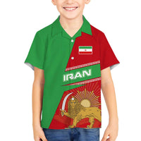 Iran National Heritage Family Matching Off The Shoulder Long Sleeve Dress and Hawaiian Shirt with Lion and Sun Emblem and Royal Coat of Arms