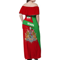 Iran National Heritage Family Matching Off Shoulder Maxi Dress and Hawaiian Shirt with Lion and Sun Emblem and Royal Coat of Arms