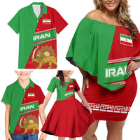 Iran National Heritage Family Matching Off Shoulder Short Dress and Hawaiian Shirt with Lion and Sun Emblem and Royal Coat of Arms