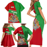 Iran National Heritage Family Matching Short Sleeve Bodycon Dress and Hawaiian Shirt with Lion and Sun Emblem and Royal Coat of Arms