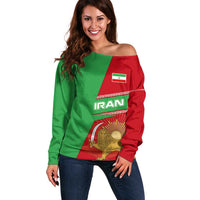 Iran National Heritage Off Shoulder Sweater with Lion and Sun Emblem and Royal Coat of Arms